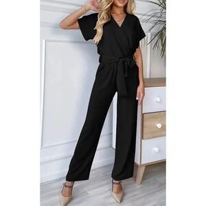 Women's Black Jumpsuit XL Short Sleeve V-Neck Belted Wide Leg Casual